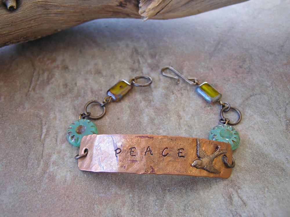 Ooak Copper Bracelet - Peace Bracelet